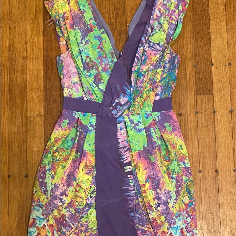 $465 Tibi Watercolor Tie-Dye Silk Drape Mini Dress